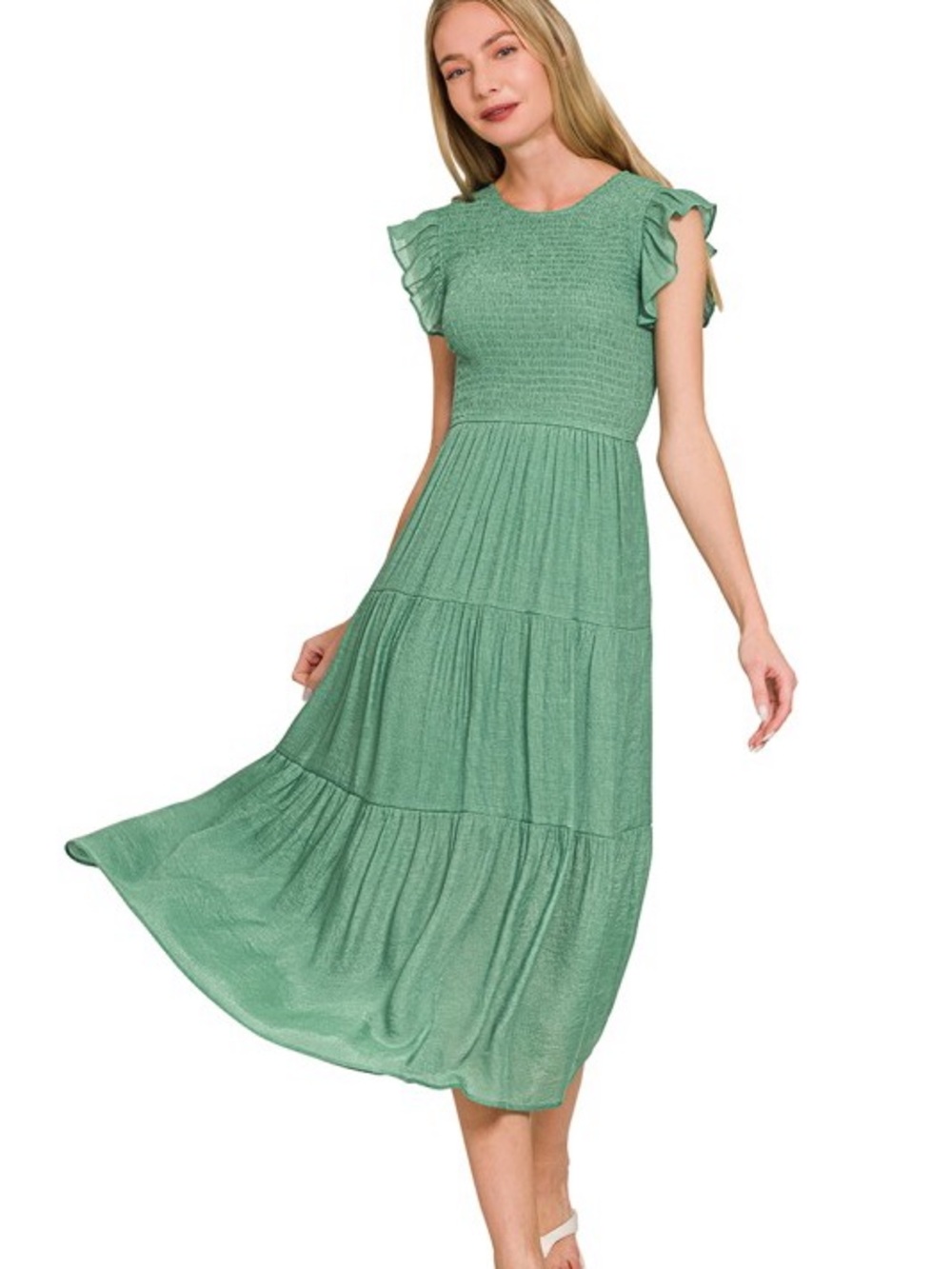 NWT Zenana Jade Green Woven Smocked Ruffle Sleeve Midi
Dress